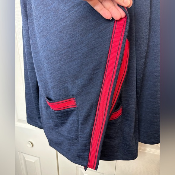 New T by TALBOTS Cardigan Sweater Blue Red Stripe Trim Open Cascading Draped - Picture 6 of 9